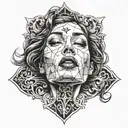 This features a detailed, black-and-white illustration of a woman's profile within an upside-down cross shape. The woman tattoo design idea