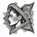 This features a detailed, black-and-white illustration of a woman's profile within an upside-down cross shape. The woman tattoo design idea