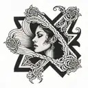 This features a detailed, black-and-white illustration of a woman's profile within an upside-down cross shape. The woman tattoo design idea