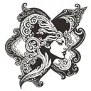 This features a detailed, black-and-white illustration of a woman's profile within an upside-down cross shape. The woman tattoo design idea