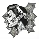 This features a detailed, black-and-white illustration of a woman's profile within an upside-down cross shape. The woman tattoo design idea