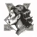 This features a detailed, black-and-white illustration of a woman's profile within an upside-down cross shape. The woman tattoo design idea