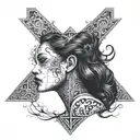 This features a detailed, black-and-white illustration of a woman's profile within an upside-down cross shape. The woman tattoo design idea