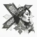 This features a detailed, black-and-white illustration of a woman's profile within an upside-down cross shape. The woman tattoo design idea