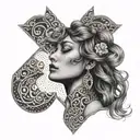 This features a detailed, black-and-white illustration of a woman's profile within an upside-down cross shape. The woman tattoo design idea