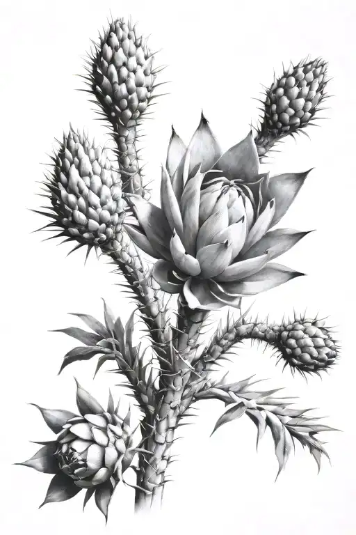 yucca, thistle, prickly pear cactus tattoo design idea