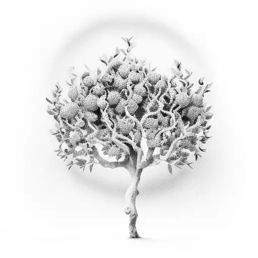 A majestic black and grey dotwork tattoo of an olive tree with intricate botanical details tattoo design idea