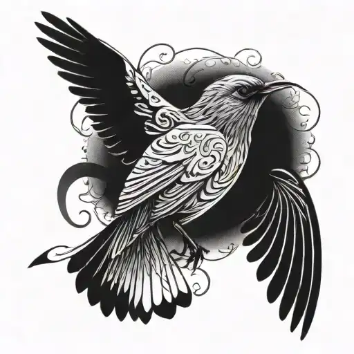 A majestic robin with its wings outstretched, surrounded by swirling script from favorite Scripture verses tattoo design idea