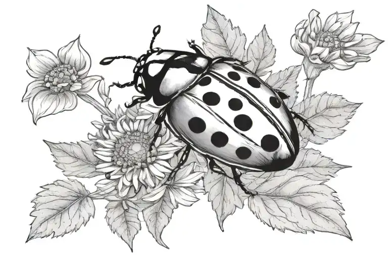 ladybug chamomile oak leaves tattoo design idea