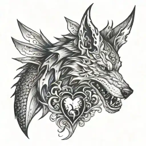 Create a tattoo of a chef's knife and a dragon's claw holding a heart, with a wolf howling in the background tattoo design idea