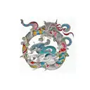 A traditional Japanese sleeve tattoo depicting the zodiac animals (horse, monkey, rabbit, snake, rat) in a vibrant and intricate design tattoo design idea