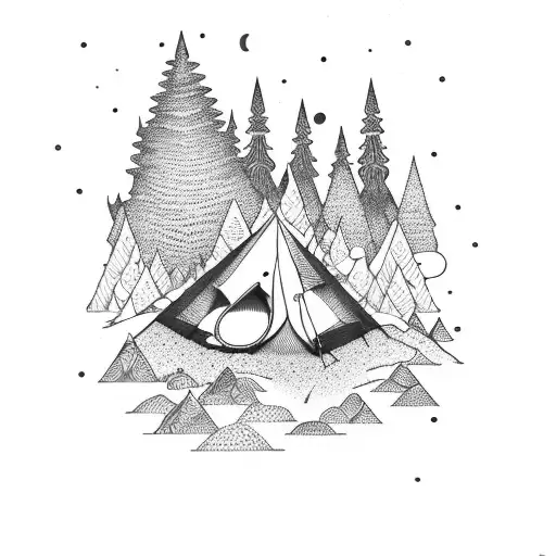 Bike packing gear scattered around a campfire tattoo design idea