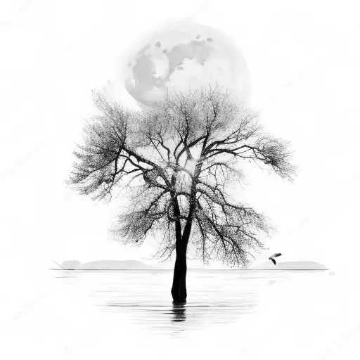  black and white landscape with a river , some trees and the sunrise , birds , the moon , a butterfly flying over trunk  tattoo design idea