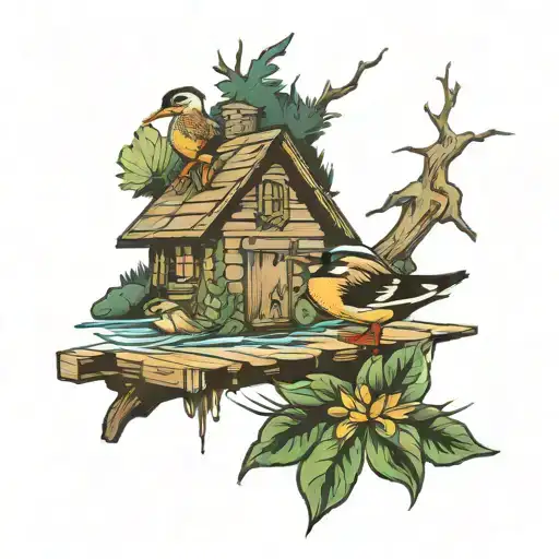 Bayou ducks cabin tattoo design idea
