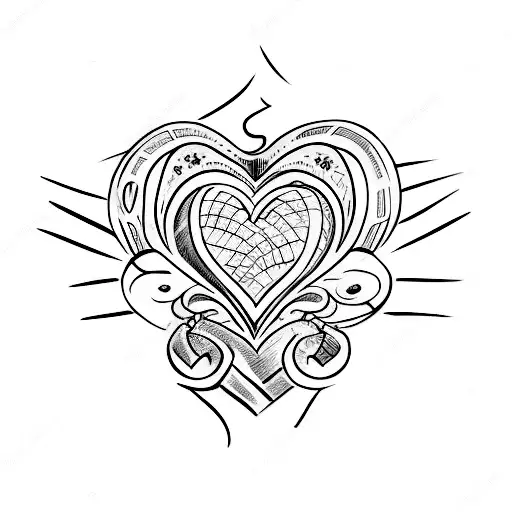 several sketches on one sheet, small in antique style, associated with hearts, hands, fire tattoo design idea