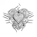 several sketches on one sheet, small in antique style, associated with hearts, hands, fire tattoo design idea