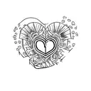 several sketches on one sheet, small in antique style, associated with hearts, hands, fire tattoo design idea