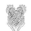 several sketches on one sheet, small in antique style, associated with hearts, hands, fire tattoo design idea