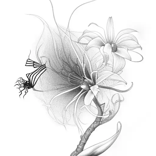 A massage therapist holding a glass of whisky with spider lilies and wings in the background tattoo design idea