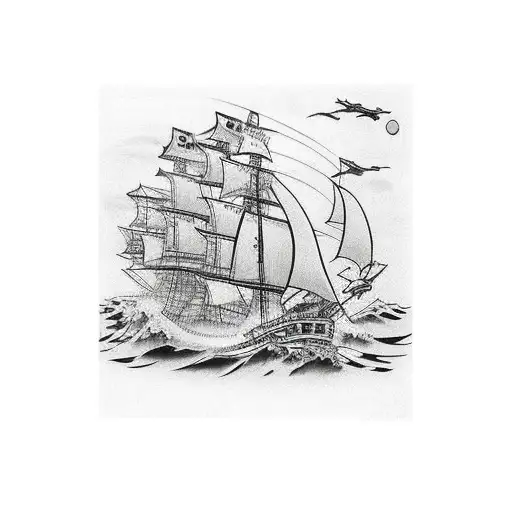 brig at sea nautical facing right tattoo design idea