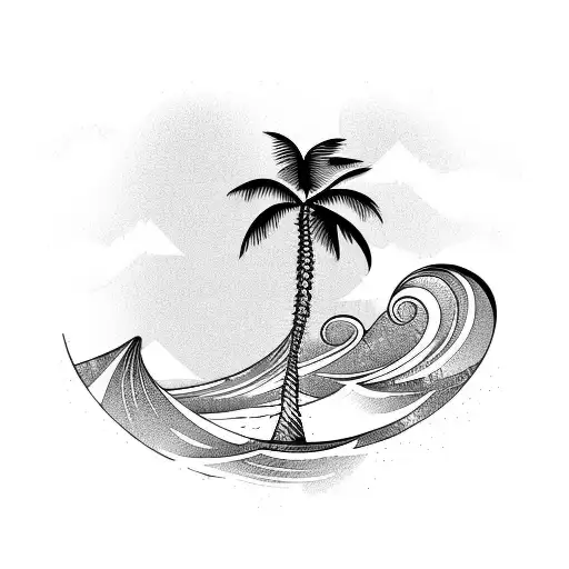 palm tree and wave tattoo design idea
