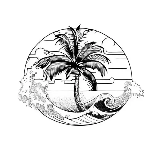 palm tree and wave tattoo design idea