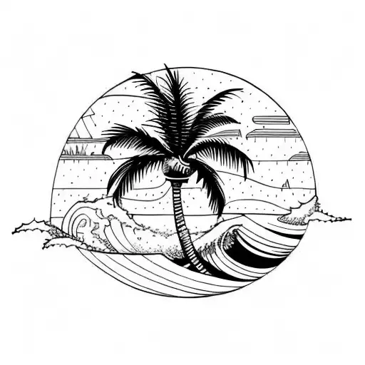 palm tree and wave tattoo design idea