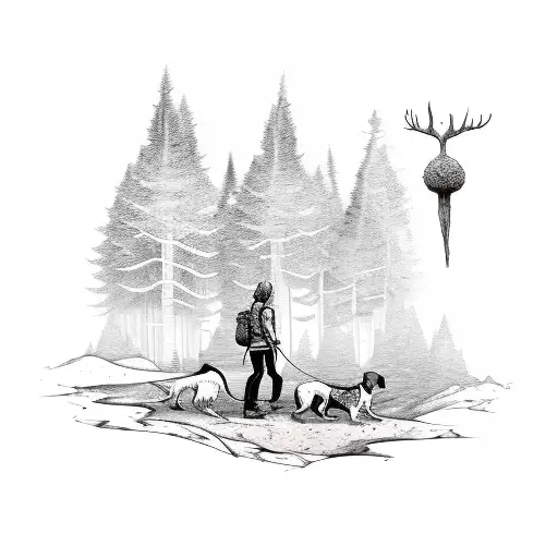 A sketch-style tattoo of a hiker and their loyal dog exploring a Tim Burton-esque forest tattoo design idea