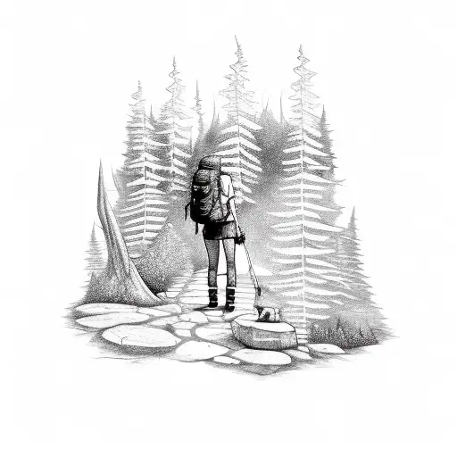 A sketch-style tattoo of a hiker and their loyal dog exploring a Tim Burton-esque forest tattoo design idea