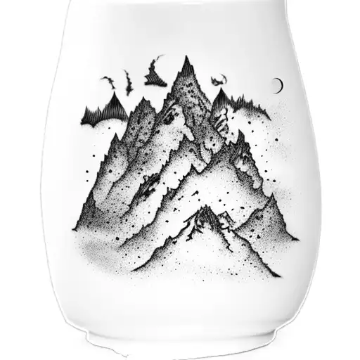 A surreal scene of a coffee mug transforming into a Tim Burton-esque mountain range tattoo design idea