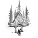 A sketch-style tattoo of a hiker and their loyal dog exploring a Tim Burton-esque forest tattoo design idea