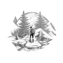 A sketch-style tattoo of a hiker and their loyal dog exploring a Tim Burton-esque forest tattoo design idea