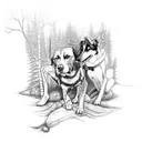 A sketch-style tattoo of a hiker and their loyal dog exploring a Tim Burton-esque forest tattoo design idea