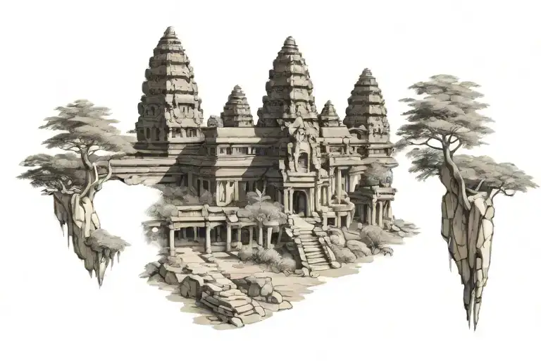 cambodian ruin castle on a hill tattoo design idea
