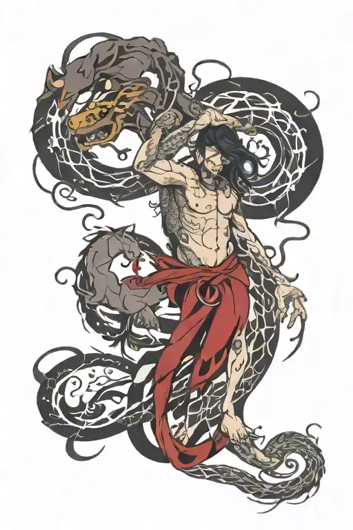large tattoo running from shoulder to hips. at shpuld starts with digotozed human merging into dna chain with animals br tattoo design idea