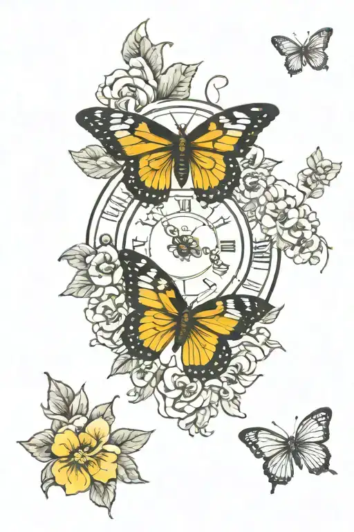 flower clock with butterfly tattoo design idea