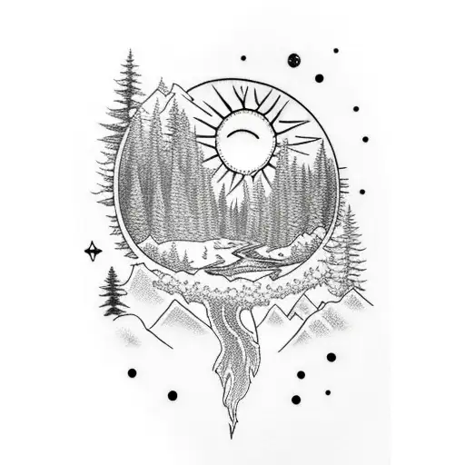 full arm sleeve with a Forest with sun, sky and a stream with a camping tent tattoo design idea