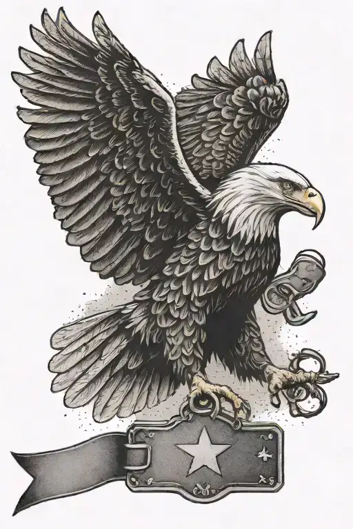 A dotwork tattoo of a bald eagle carrying a military dog tag in its talons, symbolizing freedom and service tattoo design idea
