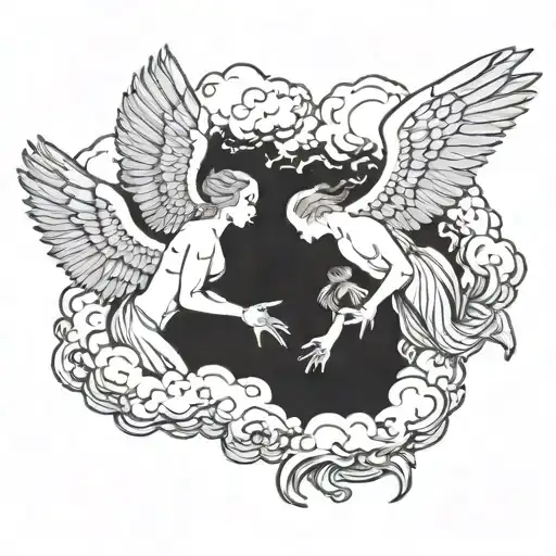 fallen angels trying to reach out for a hand sticking out of a cloud tattoo design idea