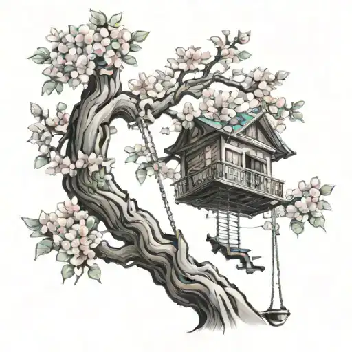 A traditional tattoo design showcasing a mezquite tree with vibrant blossoms and a swing hanging from one of its branches tattoo design idea