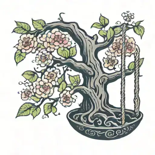 A traditional tattoo design showcasing a mezquite tree with vibrant blossoms and a swing hanging from one of its branches tattoo design idea