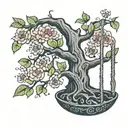 A traditional tattoo design showcasing a mezquite tree with vibrant blossoms and a swing hanging from one of its branches tattoo design idea