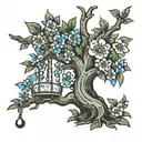 A traditional tattoo design showcasing a mezquite tree with vibrant blossoms and a swing hanging from one of its branches tattoo design idea