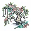A traditional tattoo design showcasing a mezquite tree with vibrant blossoms and a swing hanging from one of its branches tattoo design idea