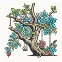 A traditional tattoo design showcasing a mezquite tree with vibrant blossoms and a swing hanging from one of its branches tattoo design idea