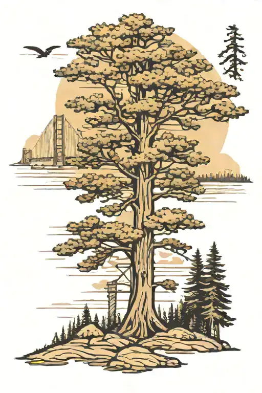 4 pine trees, Mackinac Bridge, Bigfoot  tattoo design idea