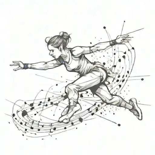 A sketch style tattoo of a dancer leaping into an adventure, with elements of paint splatters and musical notes in the background tattoo design idea