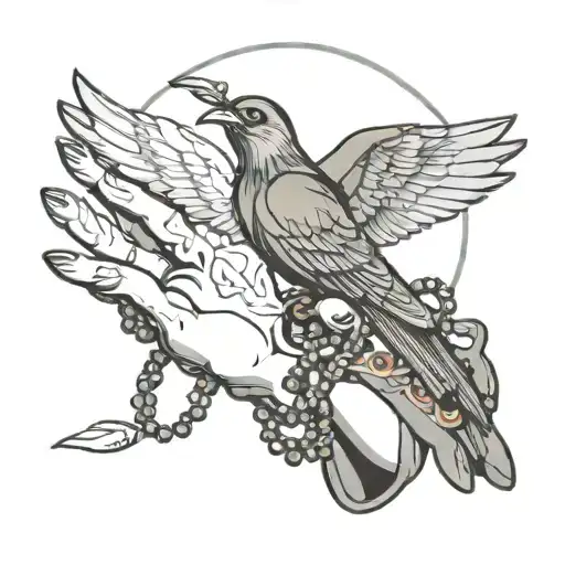 prayer hands with beads wrapped with bird and logo tattoo design idea