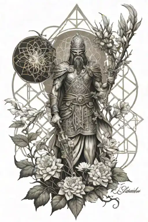 a warrior in a garden growing the flower of life with Ma'at shining over him and a fire rabbit wandering  tattoo design idea