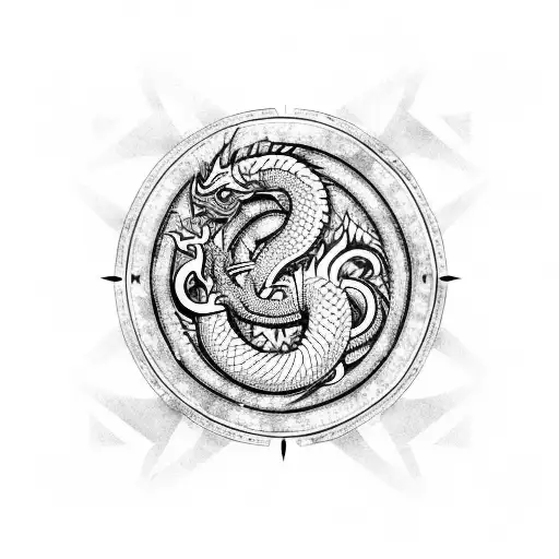 Geometrical Dragon ouroboros consuming itself with a highlighted essence of word SK tattoo design idea